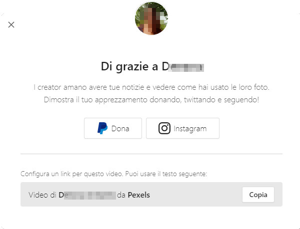 Schermata di Pexels per copiare il credits ed eventualmente donare